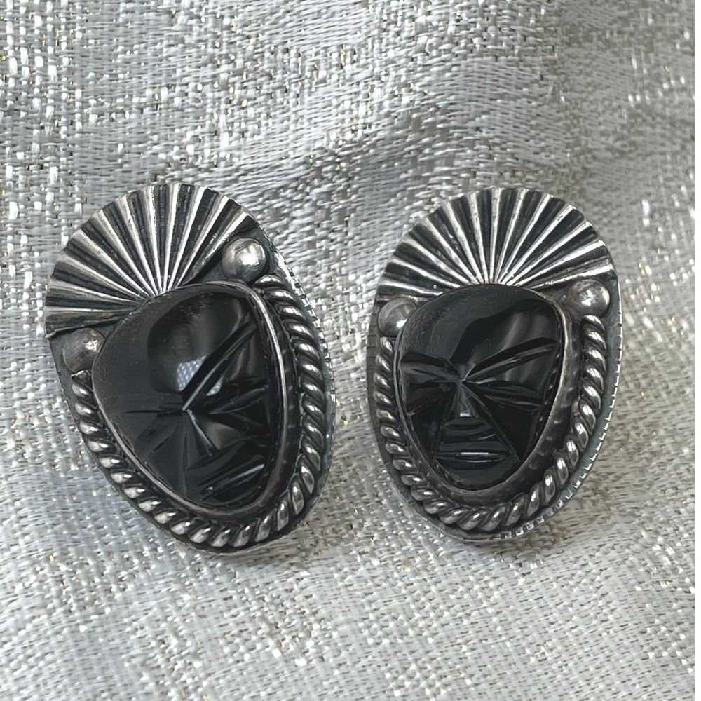Vintage 1950s Sterling Silver Carved Black Onyx Screw Back Earrings, Mid Century